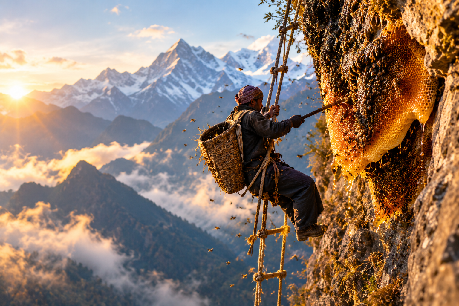 Gurung honey hunter harvesting wild mad honey from Himalayan cliff face in Nepal — authentic wild-harvested cliff honey