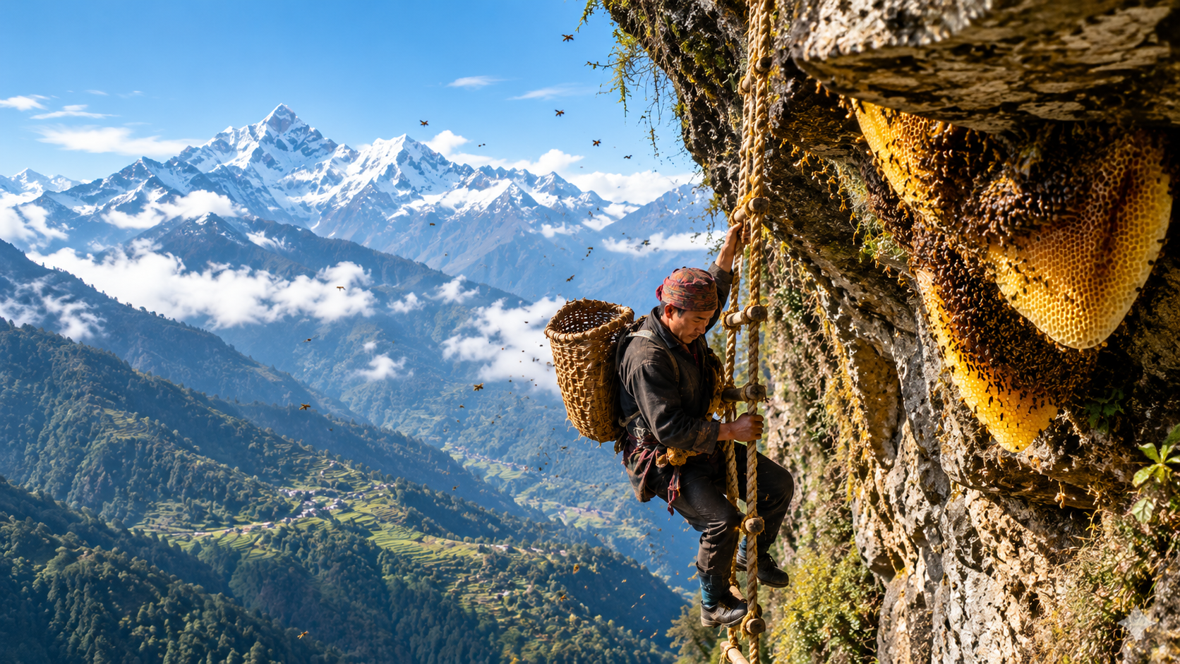 Gurung honey hunter scaling a Himalayan cliff face to harvest wild mad honey from Apis laboriosa colonies