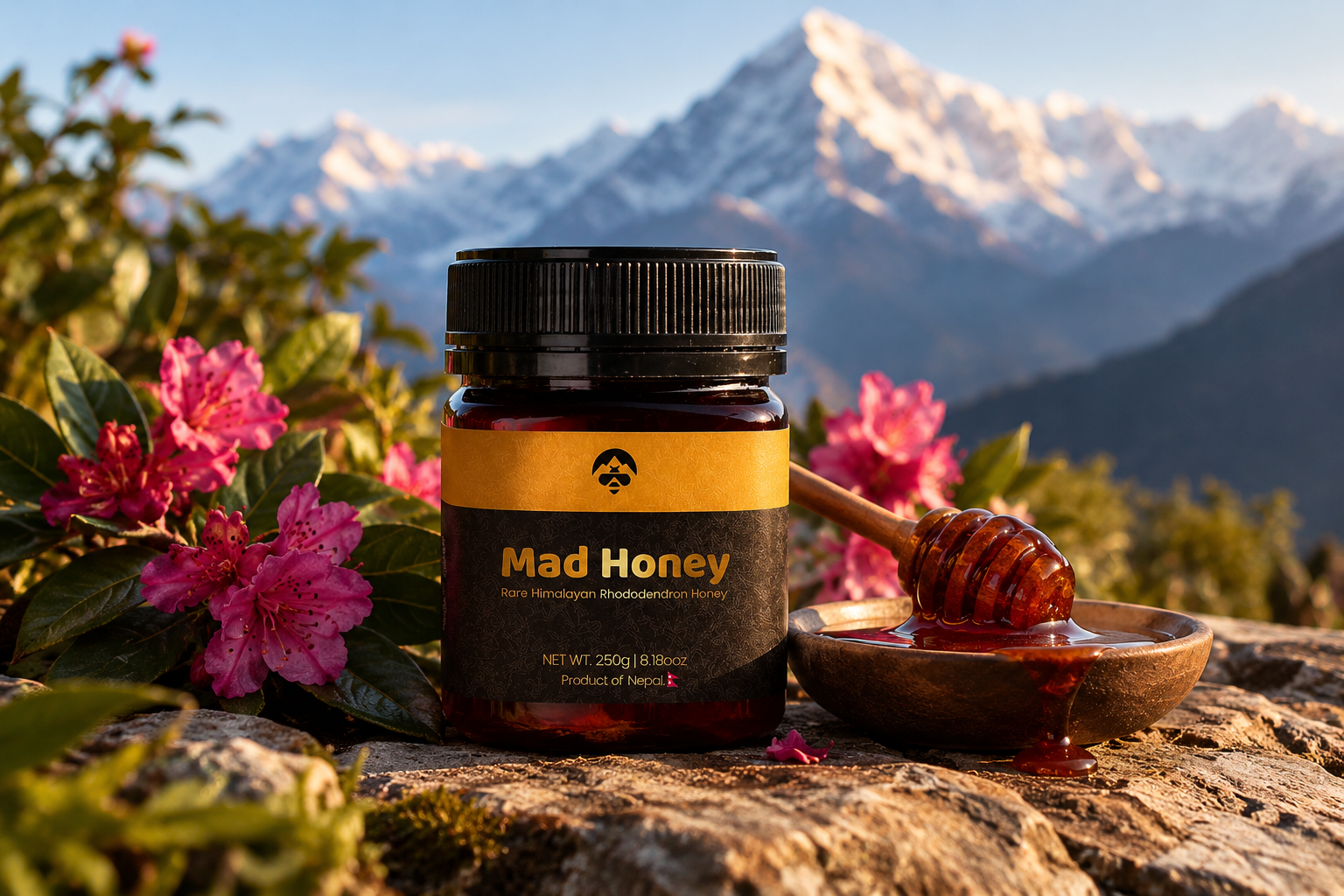 Dark reddish-brown mad honey in a glass jar — authentic Himalayan honey with natural grayanotoxin
